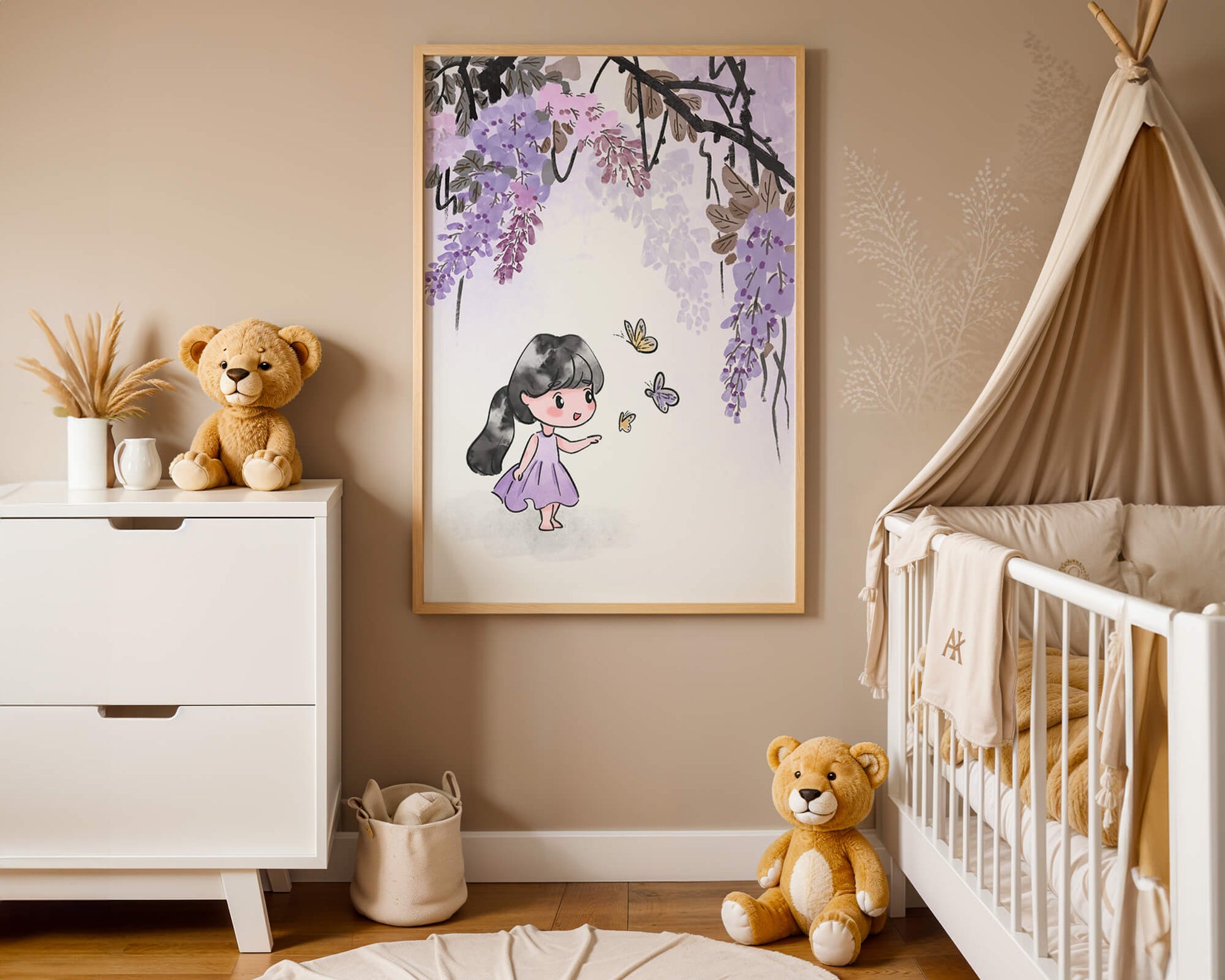 Charming illustration of a little girl with butterflies and wisteria flowers