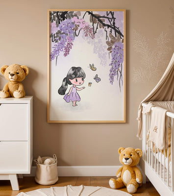Charming illustration of a little girl with butterflies and wisteria flowers