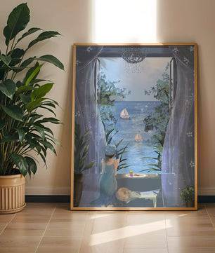Serene seaside view from an open window with a sailboat and relaxing atmosphere