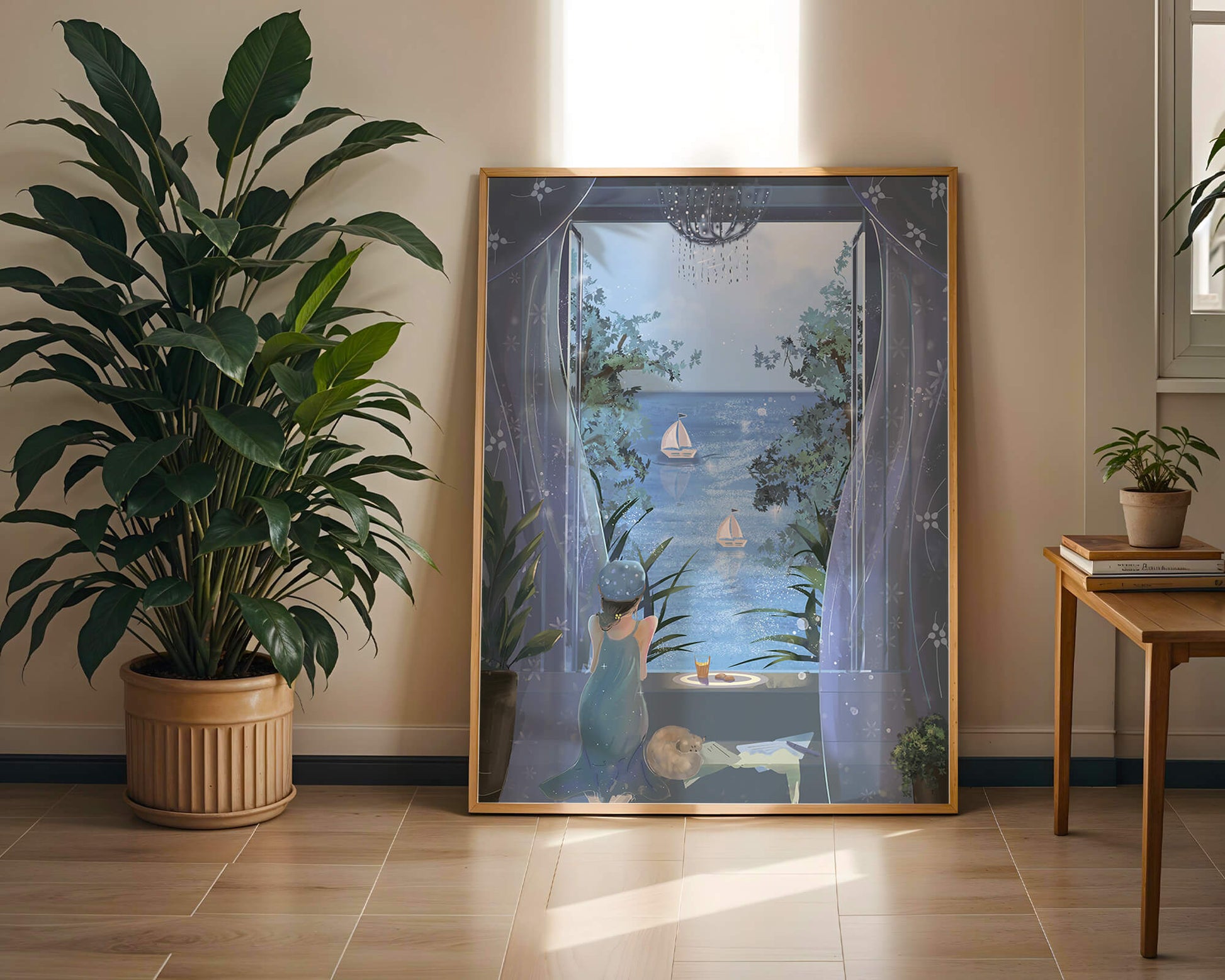 Serene seaside view from an open window with a sailboat and relaxing atmosphere