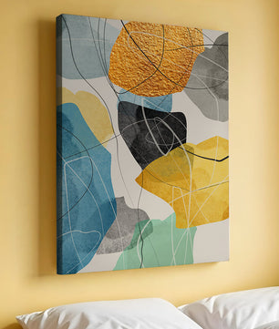 Abstrakte geometrische Kunst mit goldenen Akzenten und leuchtenden Farben