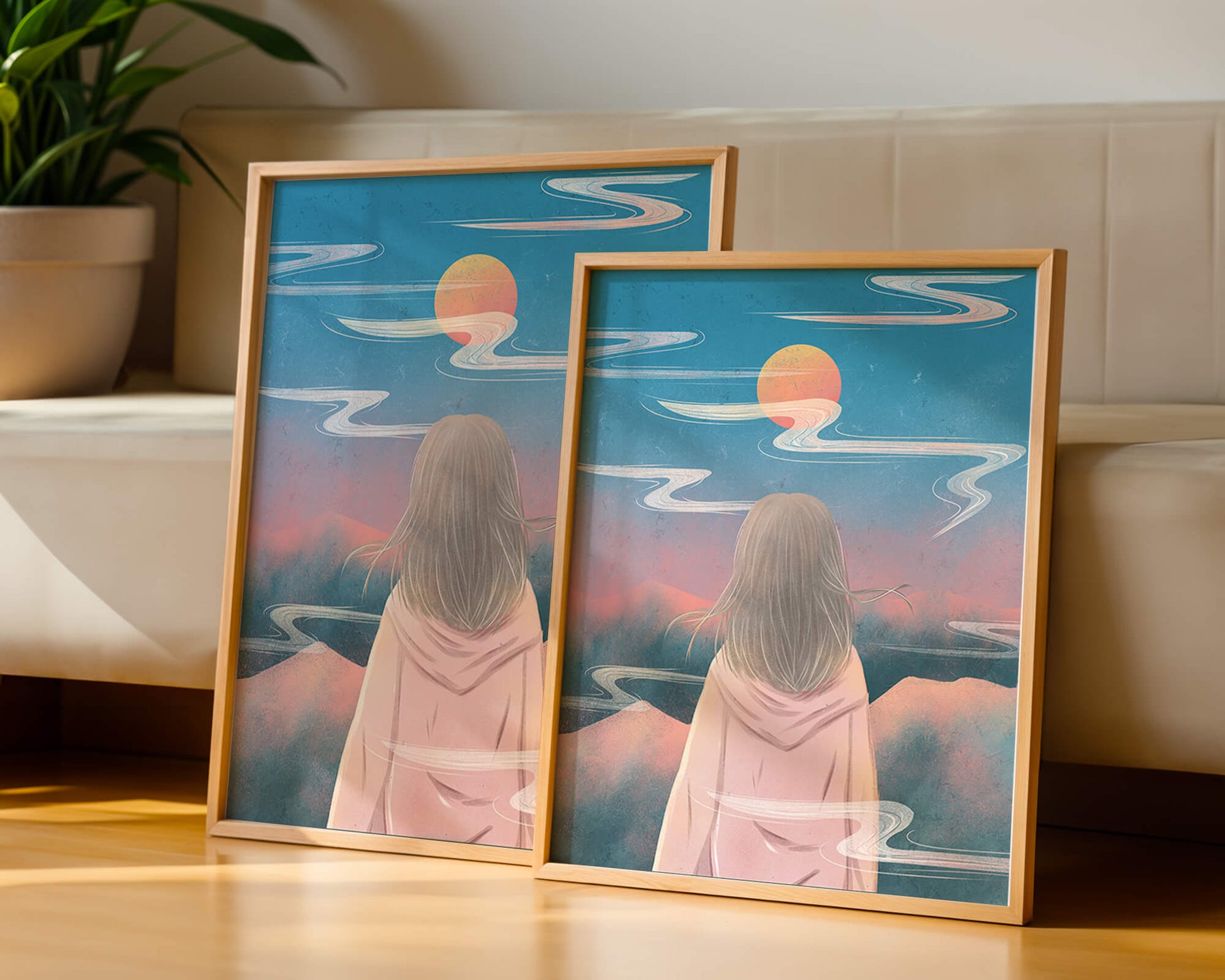 Ruhige Landschaft mit Silhouette, die den Sonnenuntergangshimmel und die Wolken betrachtet