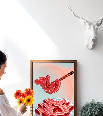 Delicious raw meat slices on plate with chopsticks in background