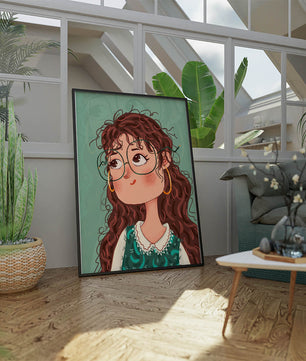 Illustration of a Thoughtful Girl with Glasses and Curly Hair