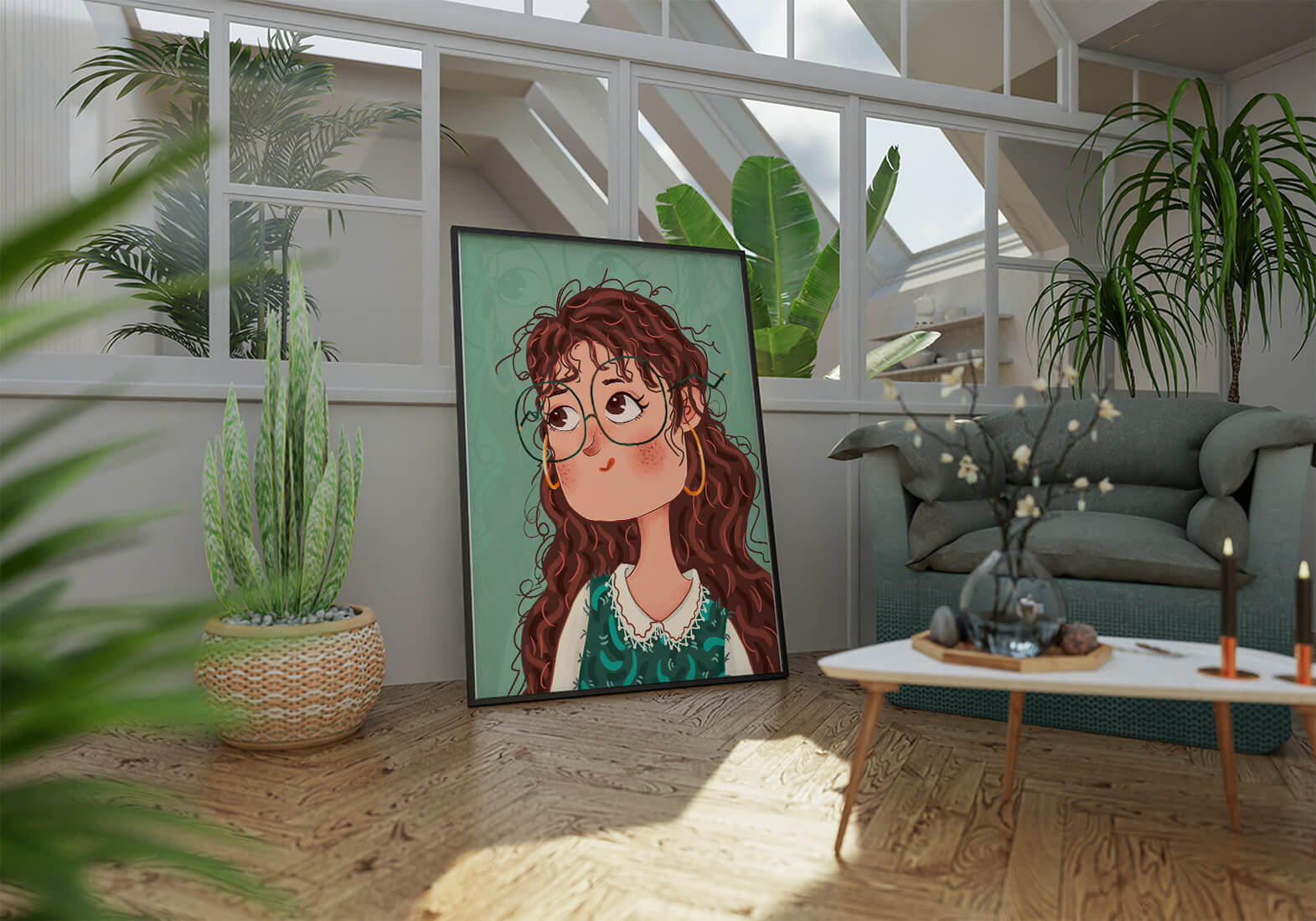 Ilustración de una chica pensativa con gafas y pelo rizado