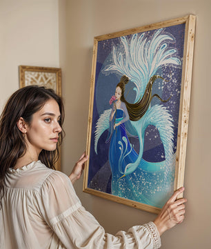 Elegant woman with floral motif and ethereal bird illustration