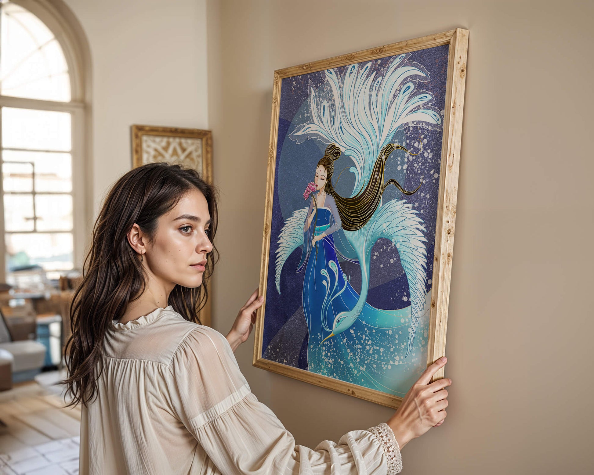 Elegant woman with floral motif and ethereal bird illustration