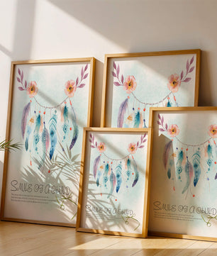 Whimsical dreamcatcher with feathers and flowers in a pastel watercolor style