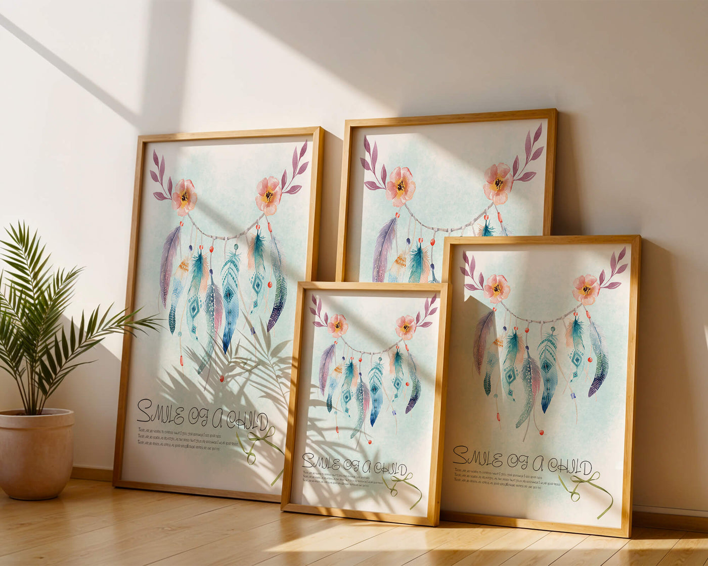Whimsical dreamcatcher with feathers and flowers in a pastel watercolor style