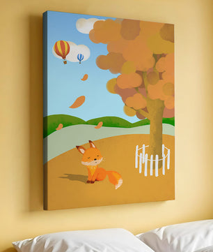 Herbstszene mit einem süßen Fuchs, Heißluftballons und einem bunten Baum