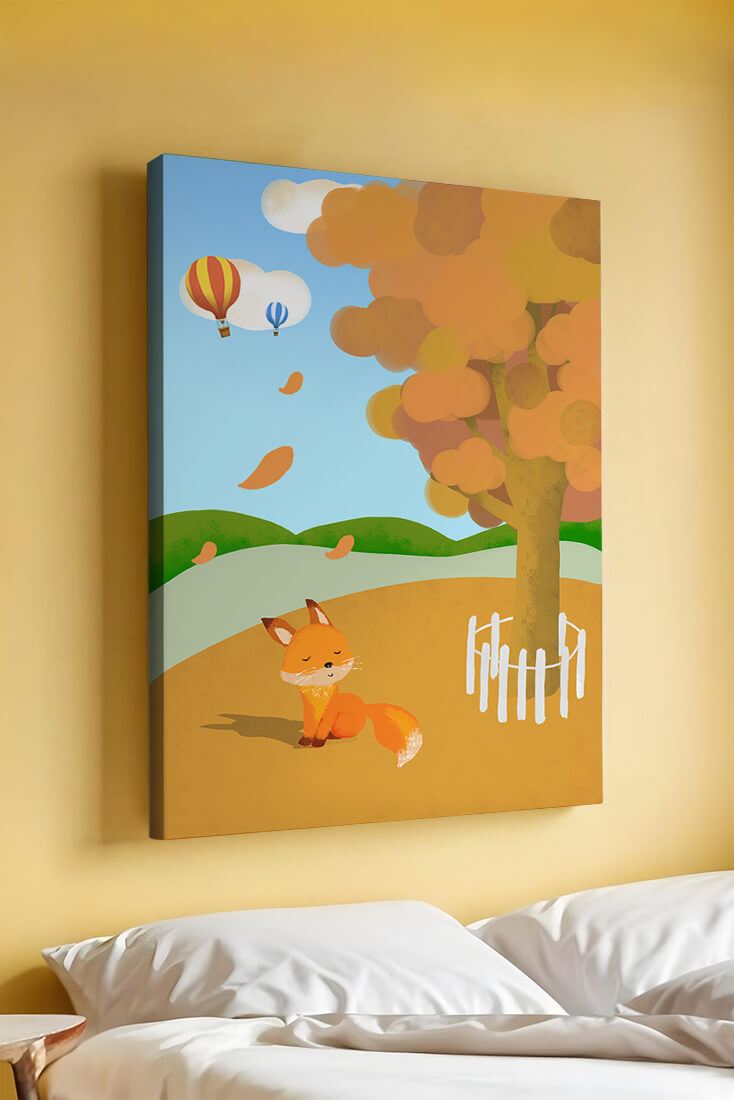 Herbstszene mit einem süßen Fuchs, Heißluftballons und einem bunten Baum