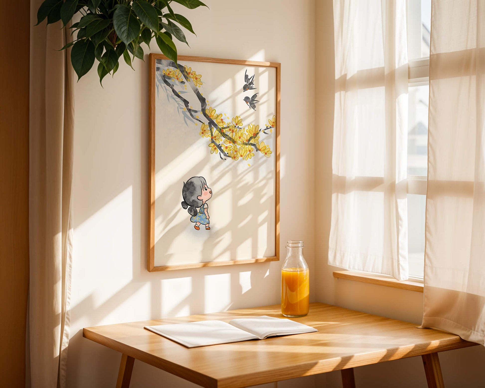 Charming illustration of a child gazing at birds and yellow blossoms