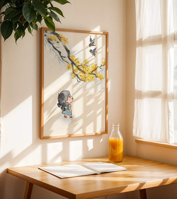 Charming illustration of a child gazing at birds and yellow blossoms
