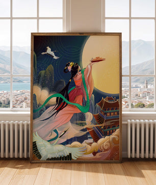 Oriental Fantasy Scene with Woman Offering Gift to the Moon