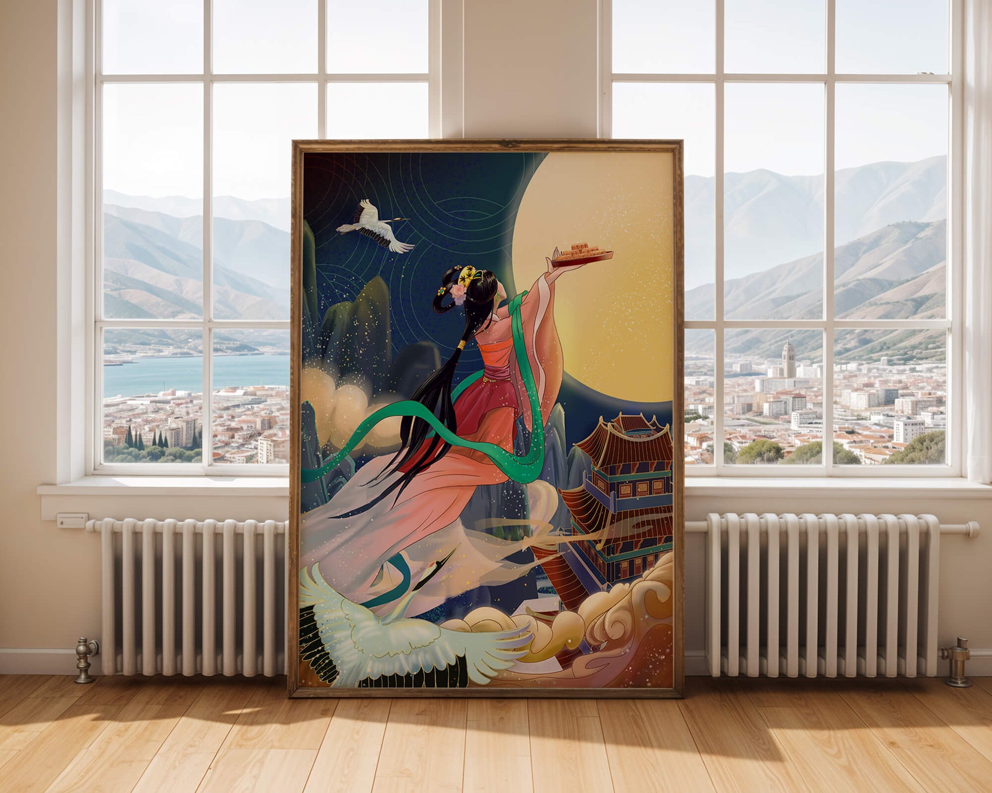 Oriental Fantasy Scene with Woman Offering Gift to the Moon