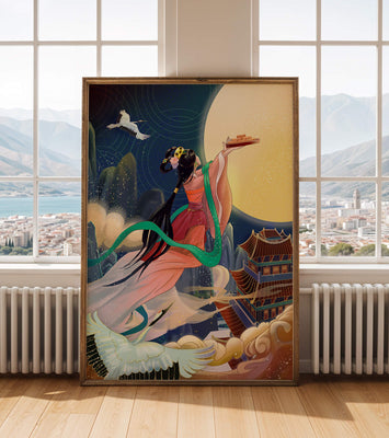 Oriental Fantasy Scene with Woman Offering Gift to the Moon