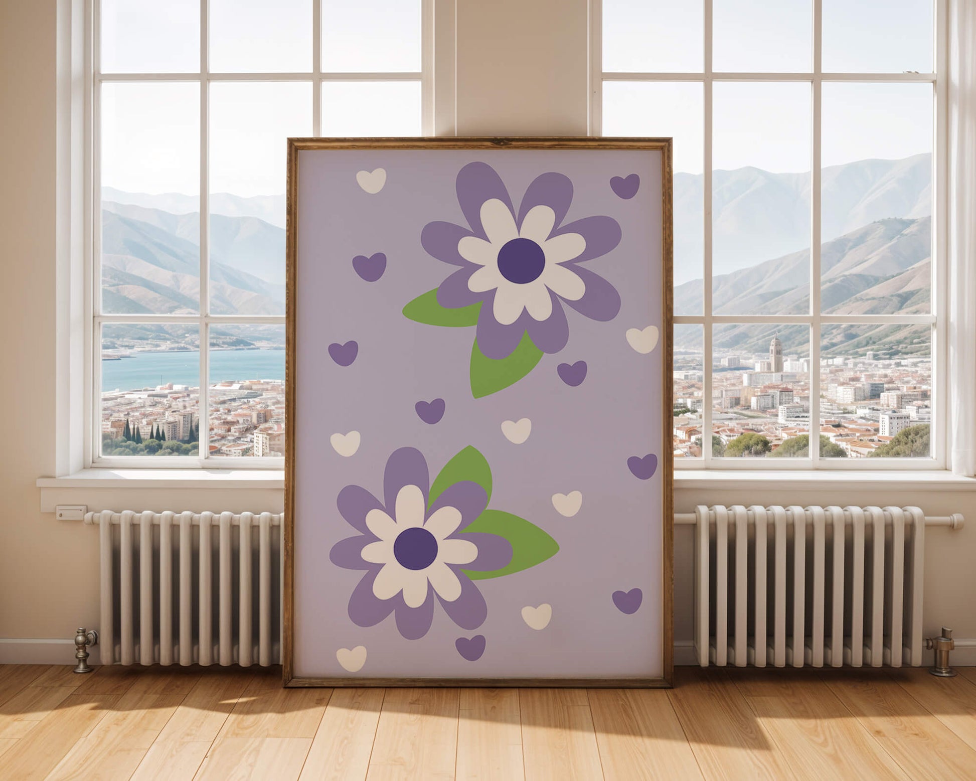 Elegant purple floral pattern with green leaves and heart accents