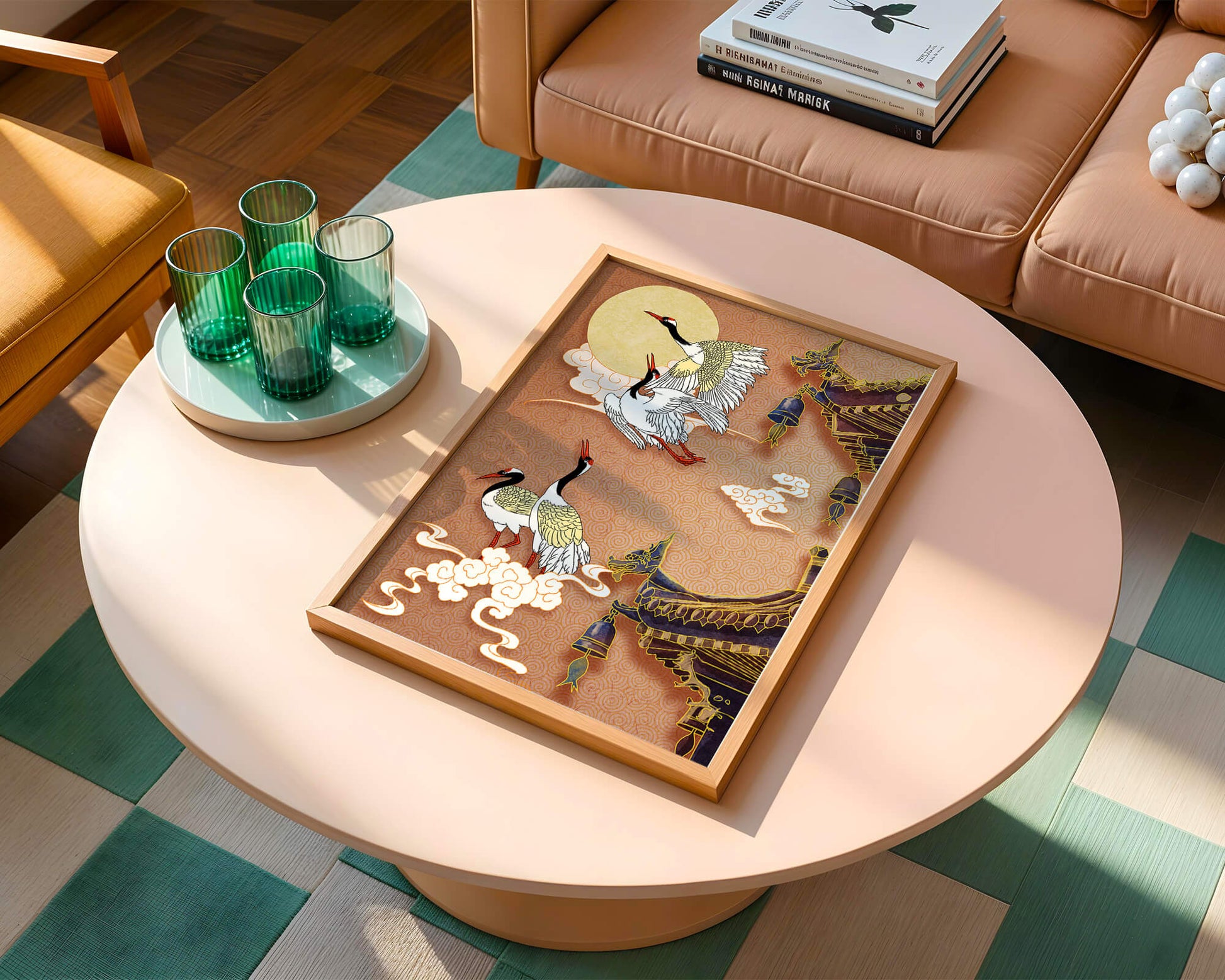 Oriental crane art with golden accents and architectural design