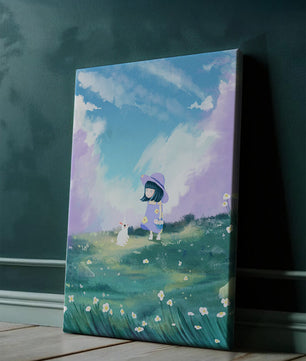 A Little Girl in a Purple Dress and Hat with a White Rabbit in a Flower Field Under a Blue Sky