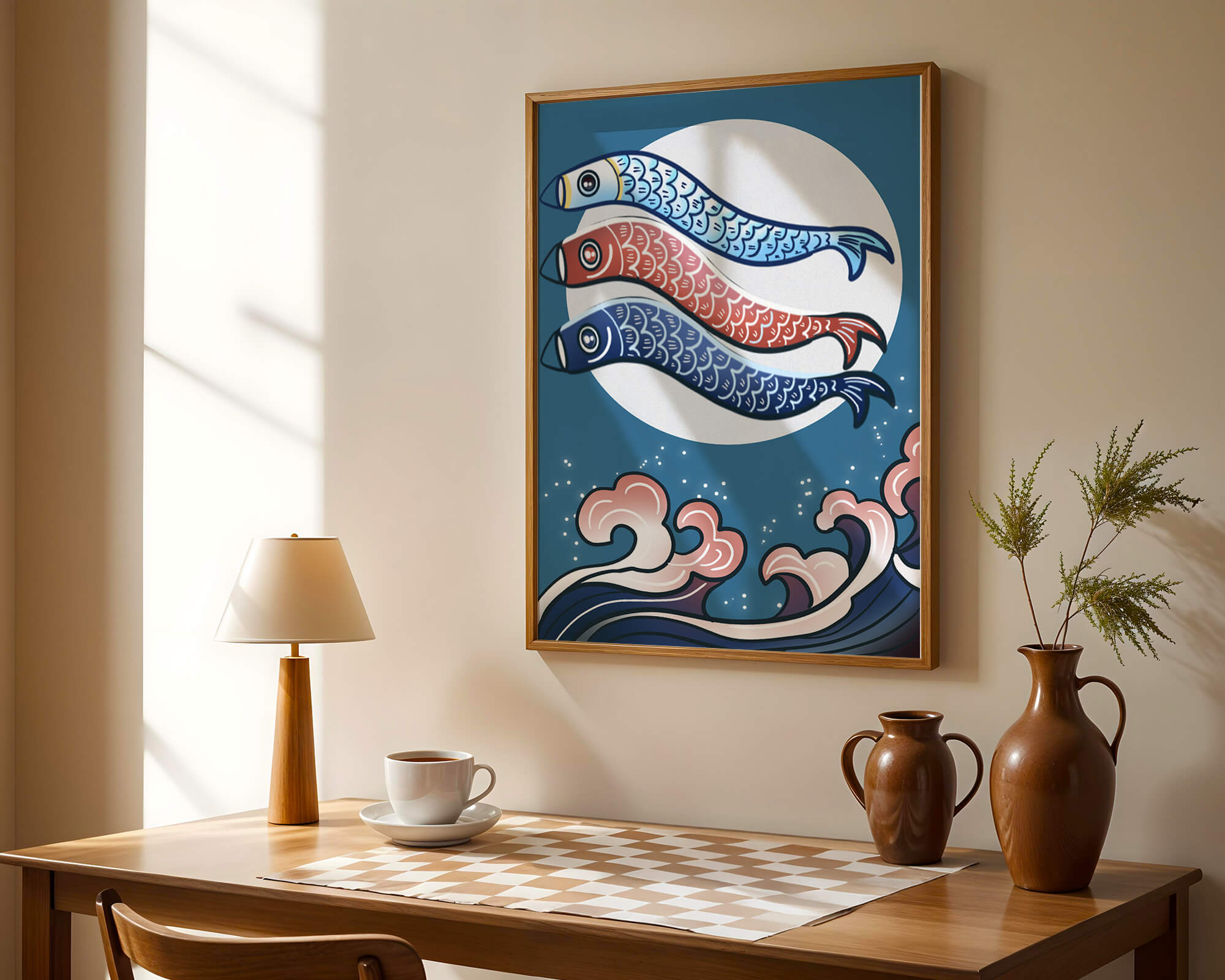 Colorful koi fish kites against a full moon with ocean waves