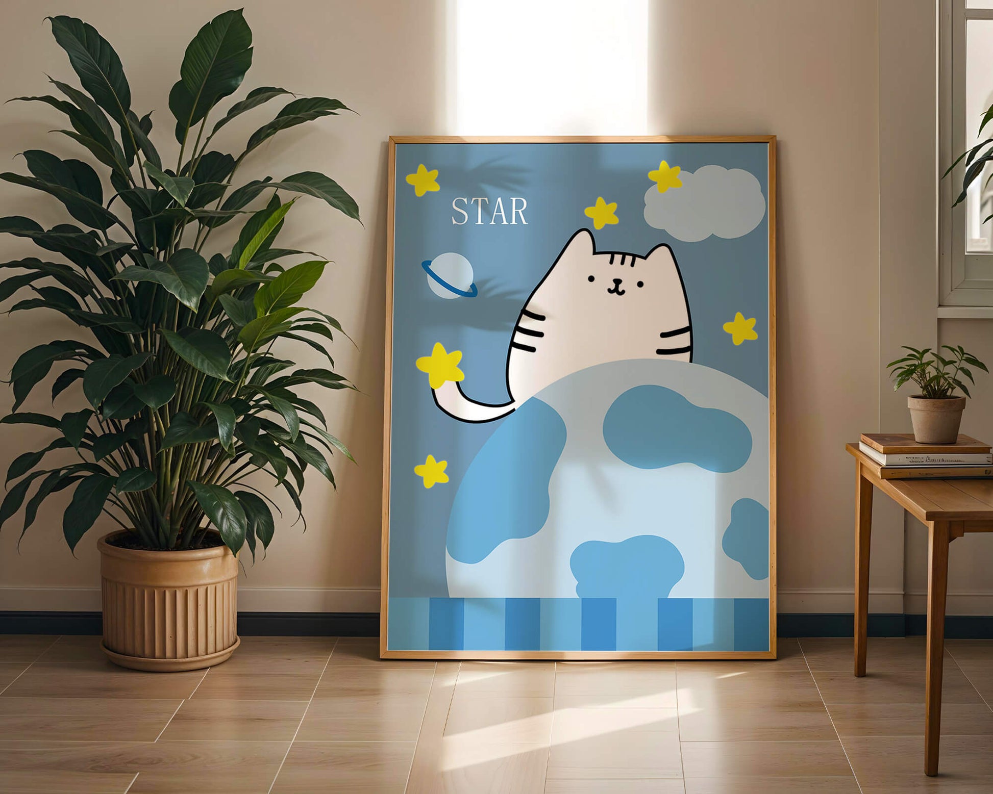 Illustration of a cute cat in space with stars and planets