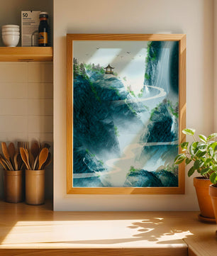 Serene mountain landscape with a pavilion and waterfall