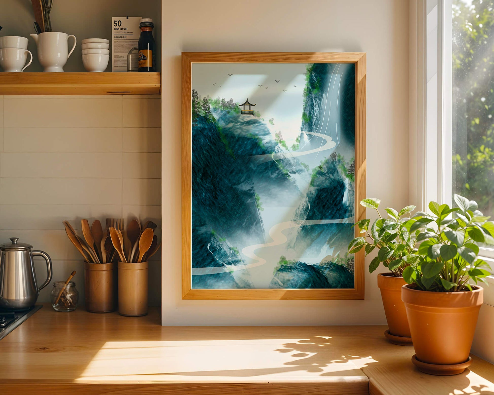 Serene mountain landscape with a pavilion and waterfall