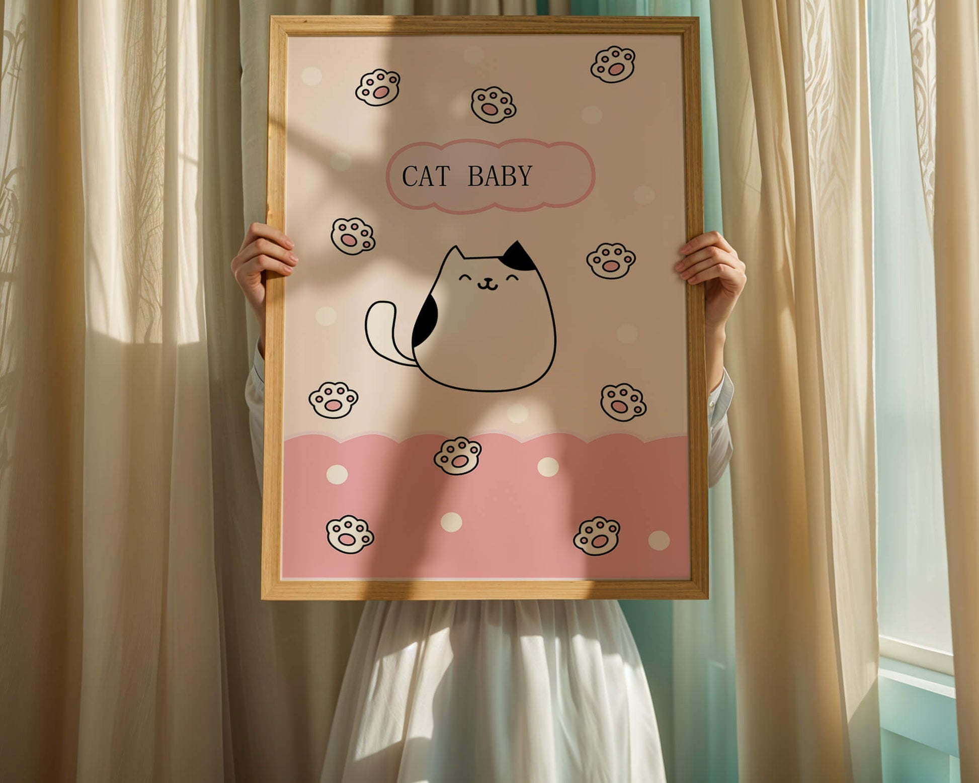 Adorable cat baby illustration with cute paw prints and polka dots