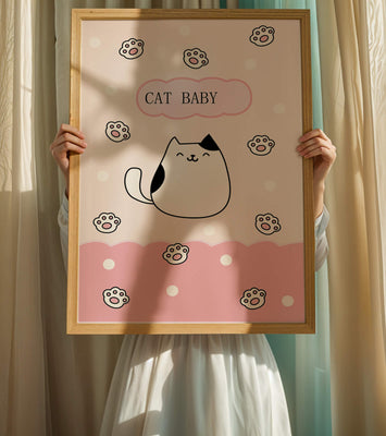 Adorable cat baby illustration with cute paw prints and polka dots