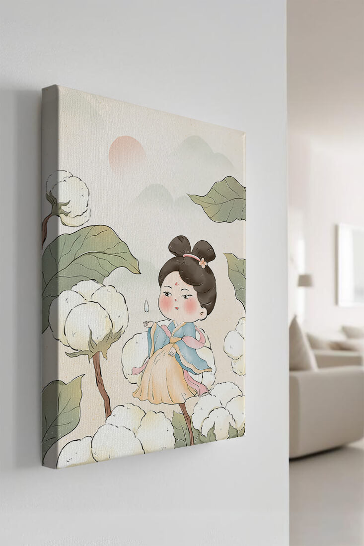 Elegant illustration of a young girl in traditional attire amid cotton plants
