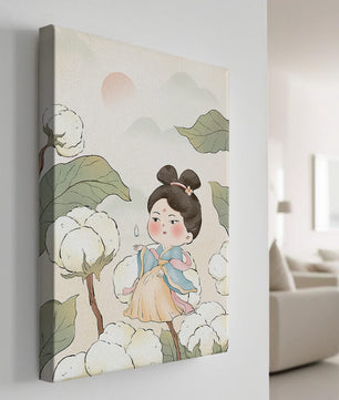 Illustration élégante d'une jeune fille en tenue traditionnelle au milieu de plants de coton