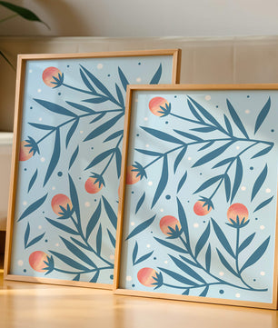Abstract botanical pattern with colorful flowers and leaves on light blue background