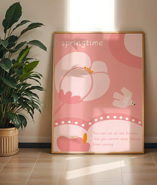 Springtime illustration with flowers and bird on pink background