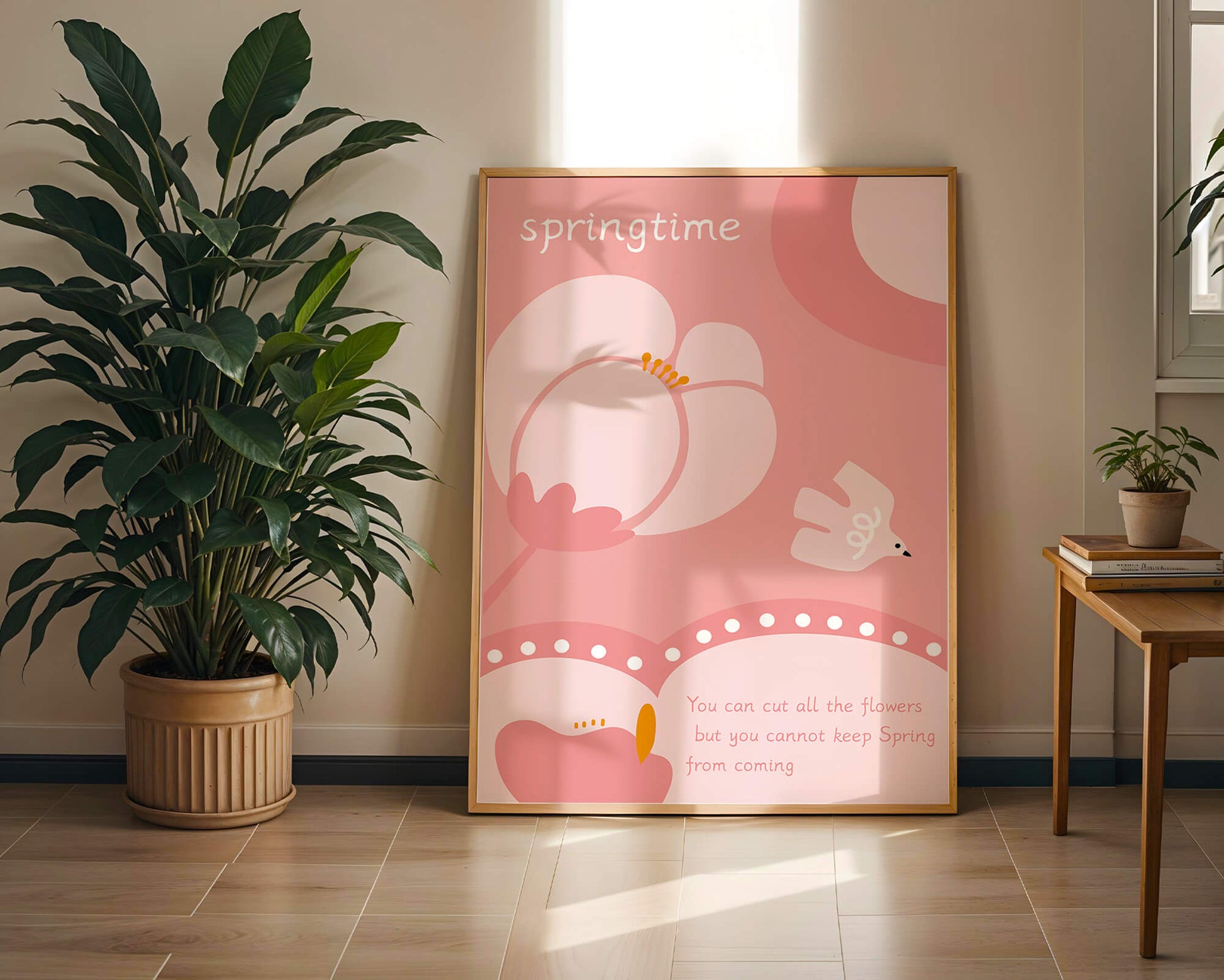 Springtime illustration with flowers and bird on pink background