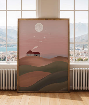 House On Pink Hill Under Full Moon