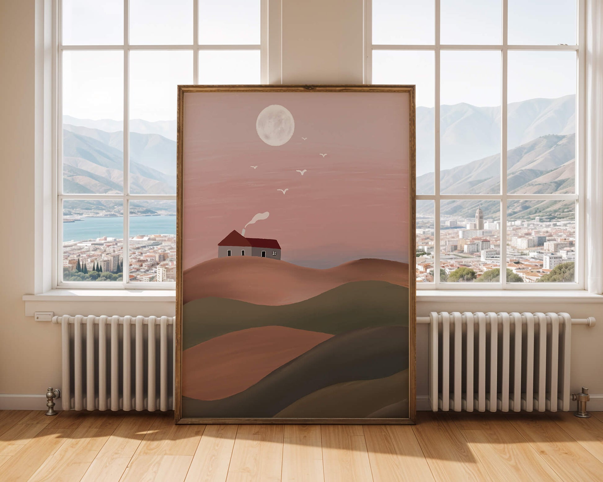 Casa en una colina rosa bajo la luna llena