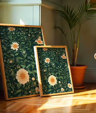 Floral pattern with daisies on a dark green background