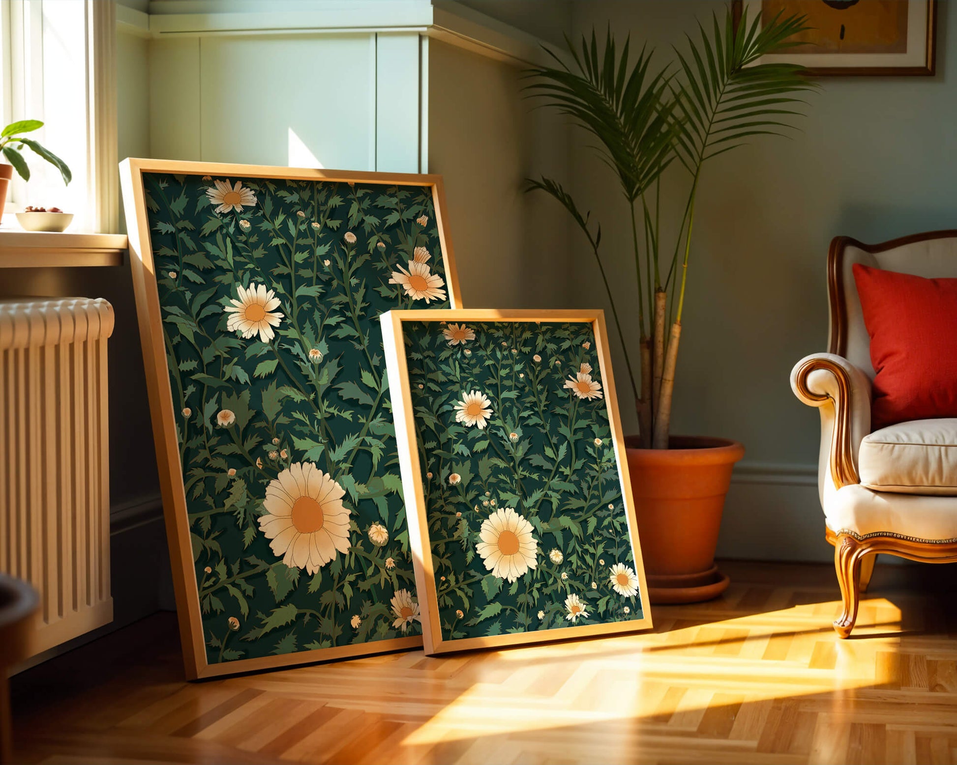 Floral pattern with daisies on a dark green background
