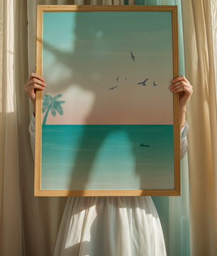 Serene Beach Landscape with Palm Trees and Seagulls at Sunset