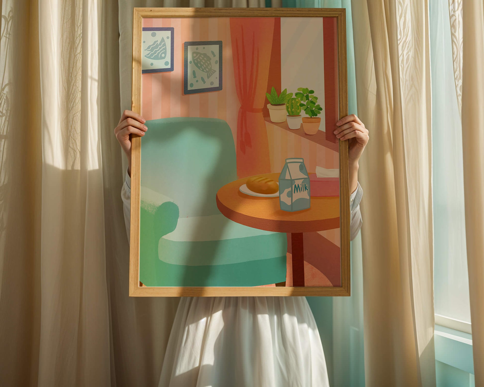 Sala de estar acogedora con mesa y cartón de leche