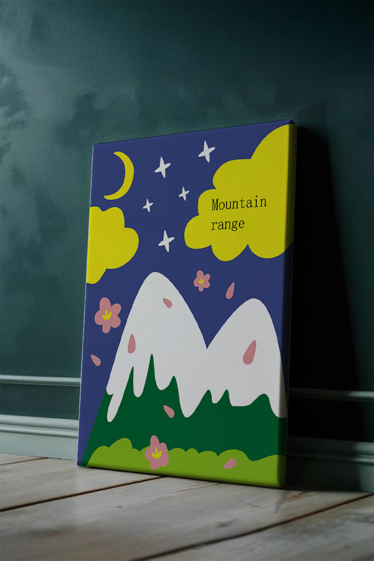 Stylized mountain landscape with starry night background and vibrant clouds
