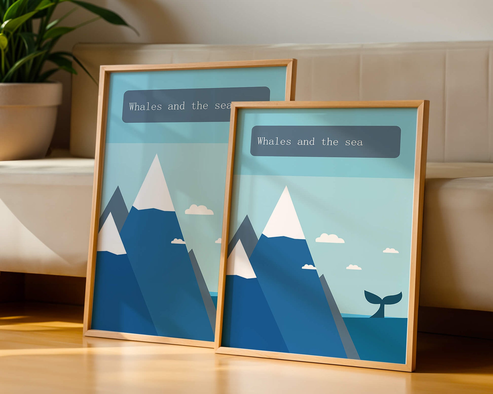 Whale and mountain illustration with sea and sky background