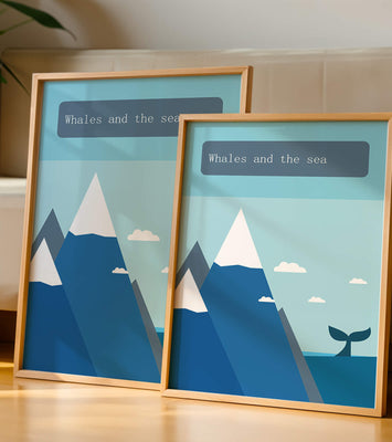 Whale and mountain illustration with sea and sky background