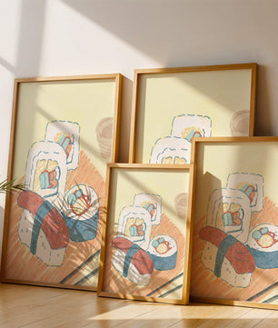 Illustration of assorted sushi on a wooden board