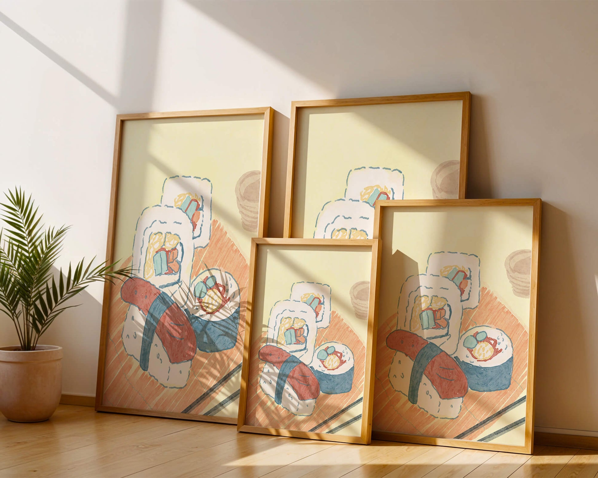 Illustration of assorted sushi on a wooden board