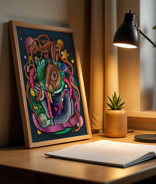 Ilustración abstracta colorida de un conejo en el espacio con pulpo, planetas y zanahoria