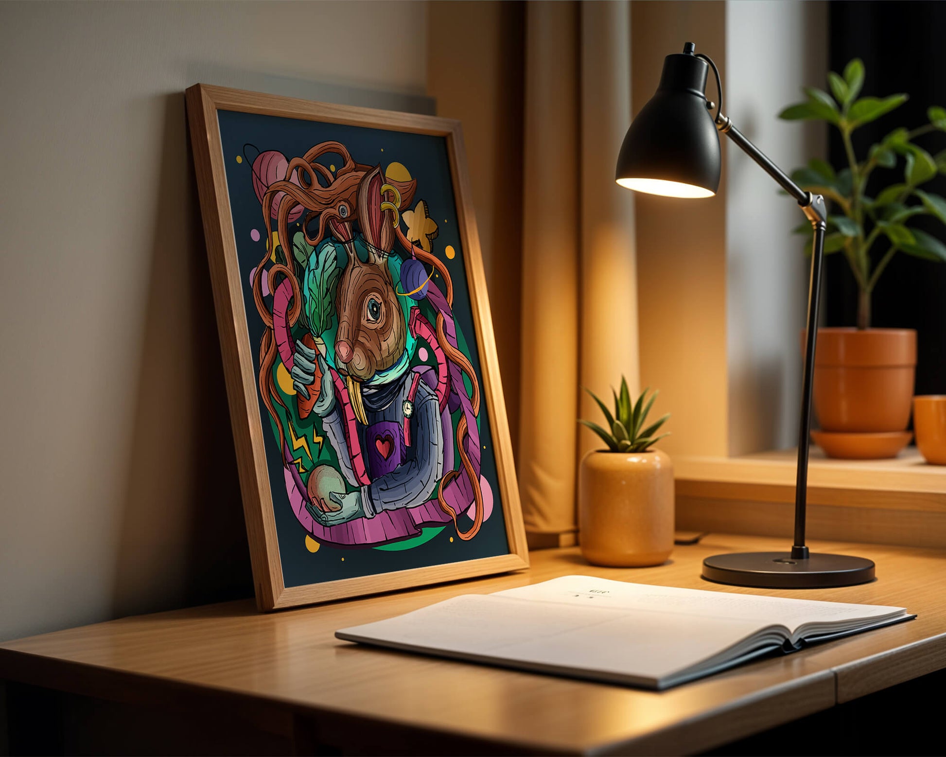 Ilustración abstracta colorida de un conejo en el espacio con pulpo, planetas y zanahoria.