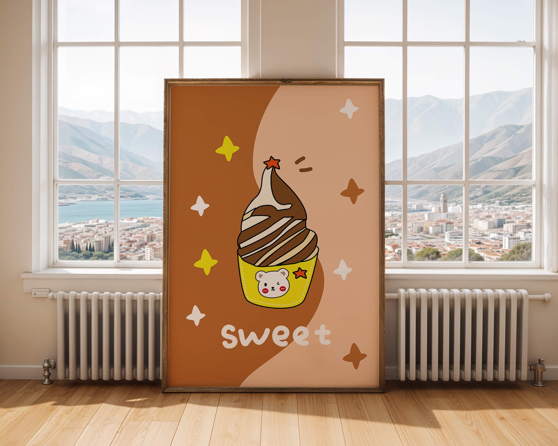Adorable ice cream design with kawaii bear and colorful background