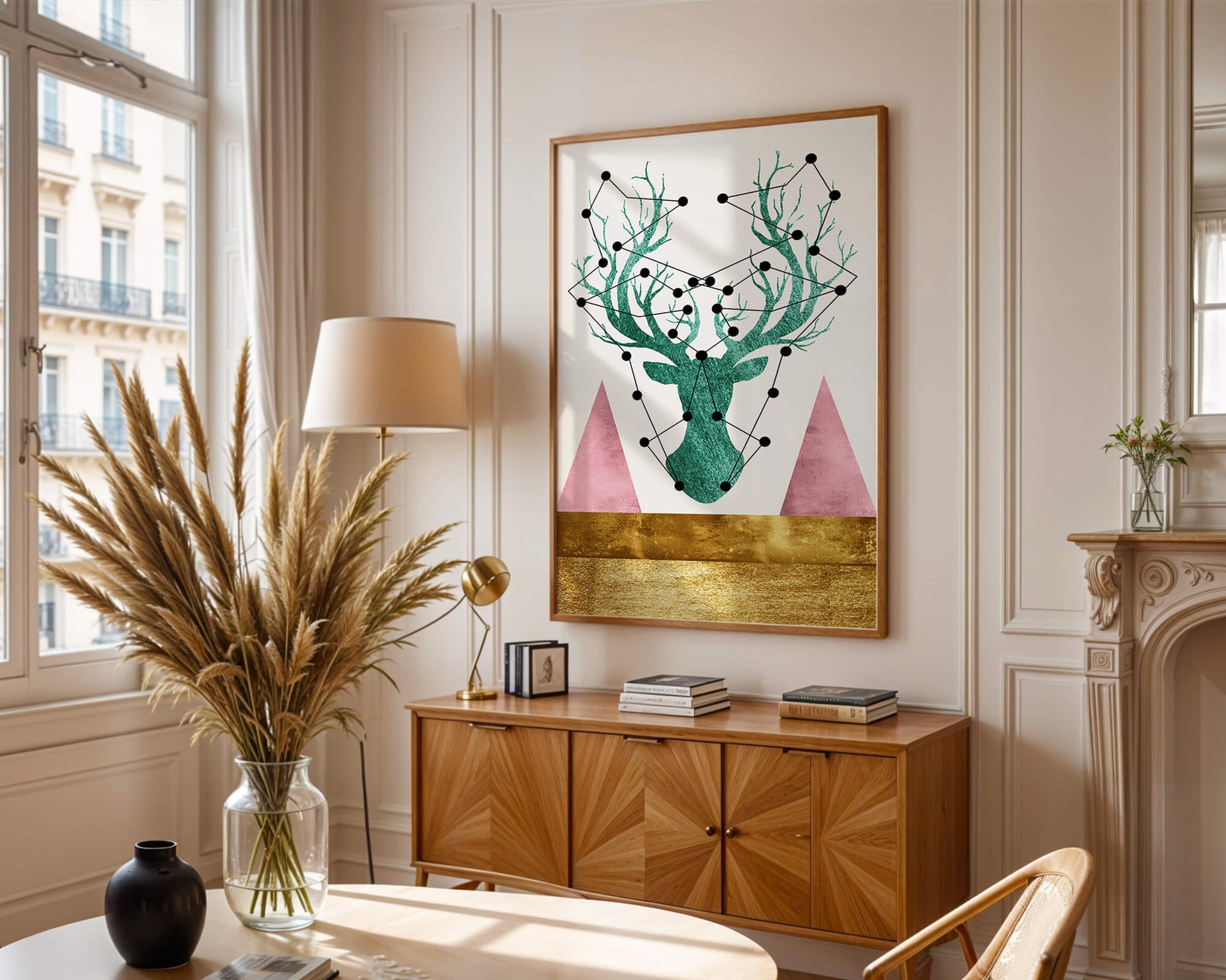 Geometric Deer with Abstract Elements and Gold Accents