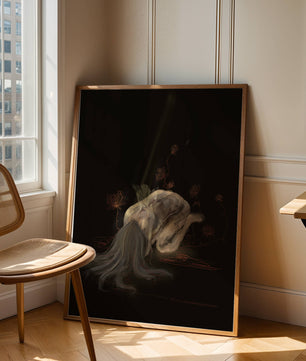 Abstract depiction of a figure surrounded by floral elements